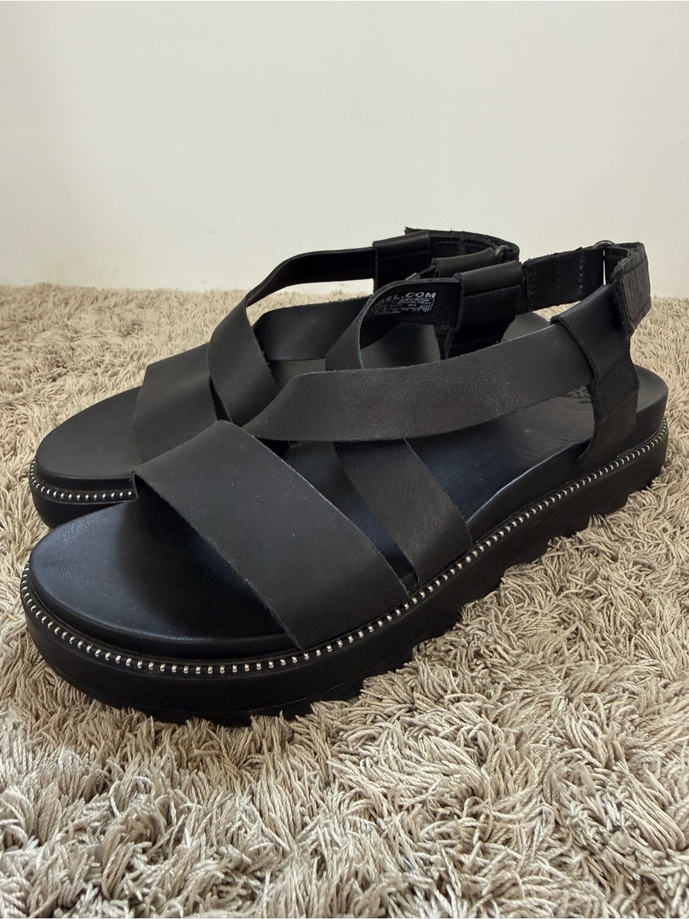 Sorel Black Platform Crisscross Sandals with Silver Stud Trim